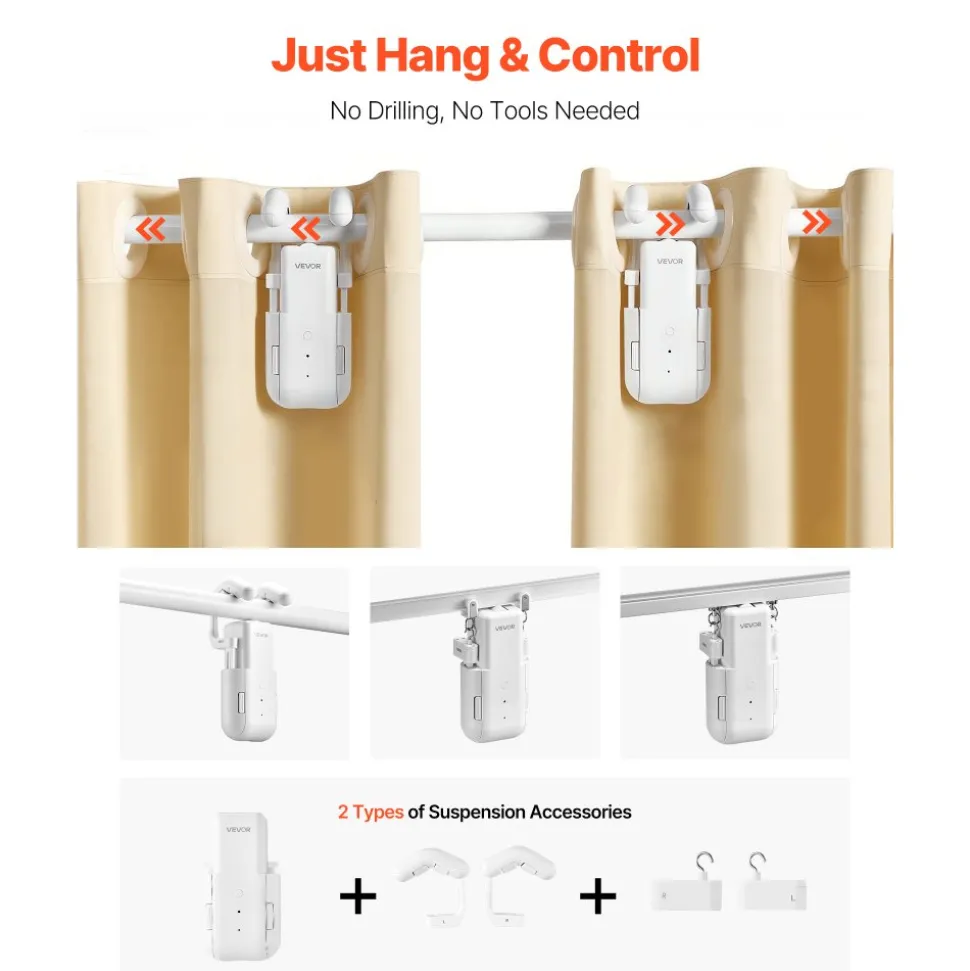 VEVOR Automatic Curtain Opener, 2 Pack, APP and Remote Control, Hub Included, Electric Smart Curtain Opener Compatible with Alexa and Google Home, Timed Opening and Closing, for Roman Rods, U/I Rails