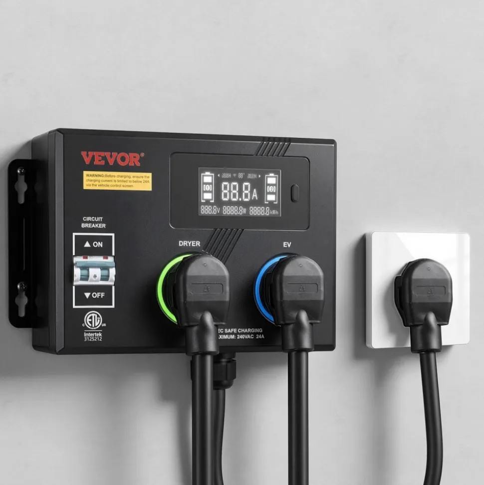 VEVOR Automatic EV Charging Switch, NEMA 14-30, Splitter Switch for Dryer & EV Charger, 24A Max 240V Smart Power Distribution with Circuit Breaker, Real-Time Display, for EVs, Ovens, Dishwashers, ETL