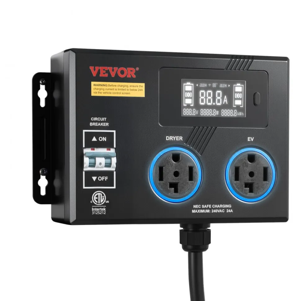 VEVOR Automatic EV Charging Switch, NEMA 14-30, Splitter Switch for Dryer & EV Charger, 24A Max 240V Smart Power Distribution with Circuit Breaker, Real-Time Display, for EVs, Ovens, Dishwashers, ETL