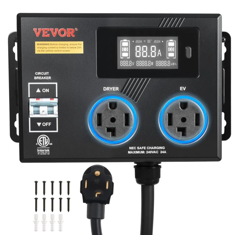 VEVOR Automatic EV Charging Switch, NEMA 14-30, Splitter Switch for Dryer & EV Charger, 24A Max 240V Smart Power Distribution with Circuit Breaker, Real-Time Display, for EVs, Ovens, Dishwashers, ETL