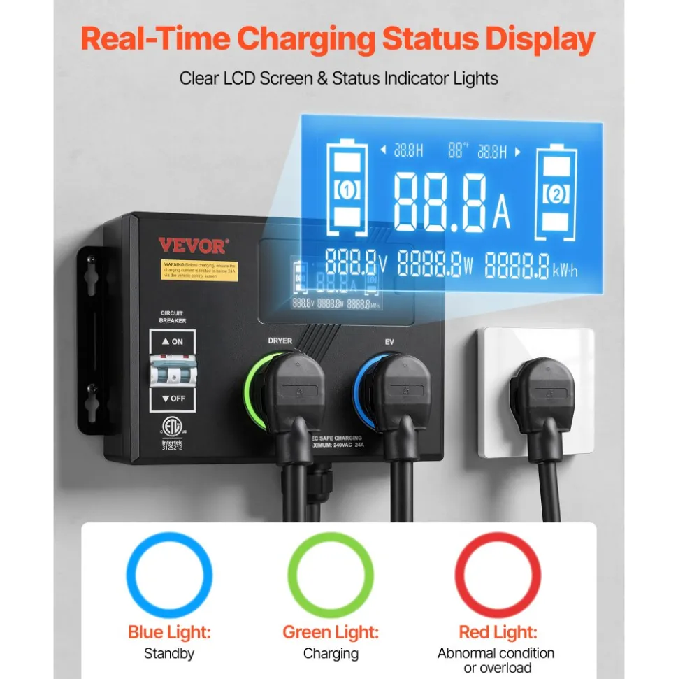VEVOR Automatic EV Charging Switch, NEMA 14-30, Splitter Switch for Dryer & EV Charger, 24A Max 240V Smart Power Distribution with Circuit Breaker, Real-Time Display, for EVs, Ovens, Dishwashers, ETL