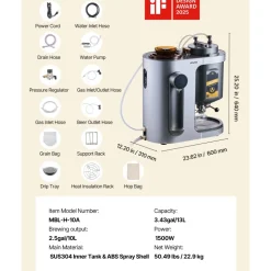 VEVOR Automatic Home Beer Brewer, 3.43 Gal All-in-One Home Brew Machine, 1500W Power Electric Beer Maker Machine with Mash Boil Device, 304 Stainless Steel Inner Tank, Auto Temp & Pressure Control