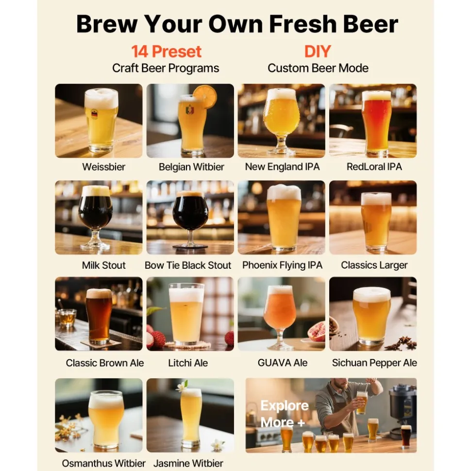 VEVOR Automatic Home Beer Brewer, 1500W Electric Beer Brewing Machine, 3.43 Gal All-in-One Home Brewer with Mash Boil Device, 304 Stainless Steel Internal Tank, Auto Temperature & Pressure Control