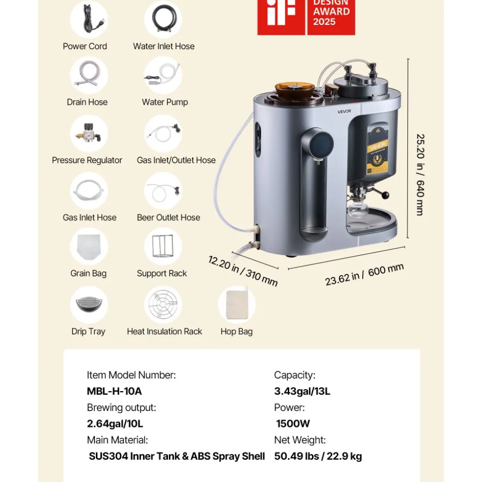 VEVOR Automatic Home Beer Brewer, 1500W Electric Beer Brewing Machine, 3.43 Gal All-in-One Home Brewer with Mash Boil Device, 304 Stainless Steel Internal Tank, Auto Temperature & Pressure Control