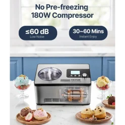 VEVOR Automatic Ice Cream Maker with Built-in Compressor, 2 Quart No Pre-freezing Fruit Yogurt Machine, Stainless Steel Electric Sorbet Maker, 3 Modes Gelato Maker with LCD Display & Timer, Silver