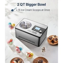 VEVOR Automatic Ice Cream Maker with Built-in Compressor, 2 Quart No Pre-freezing Fruit Yogurt Machine, Stainless Steel Electric Sorbet Maker, 3 Modes Gelato Maker with LCD Display & Timer, Silver