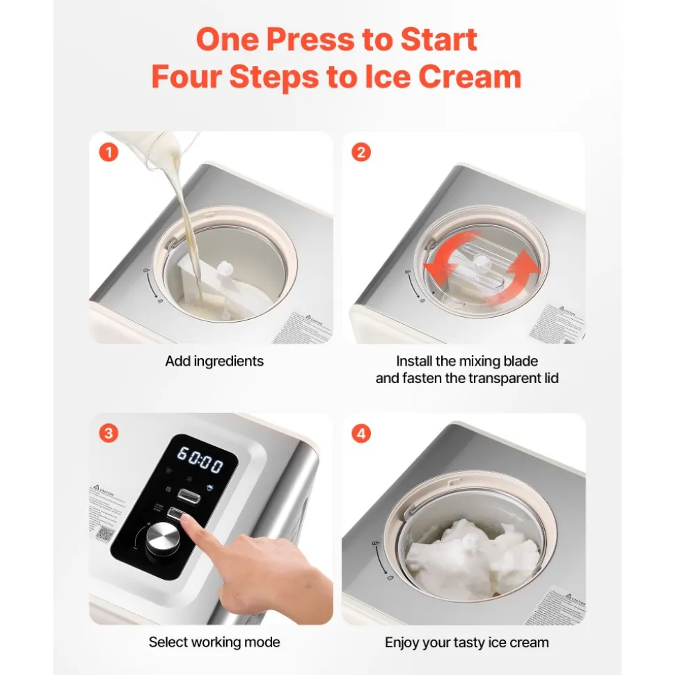 VEVOR Automatic Ice Cream Maker with Built-in Compressor, 2 Quart No Pre-freezing Gelato Maker, Electric Sorbet-Maker, 3 Modes Compressor Ice Cream Machine for Home Kitchen