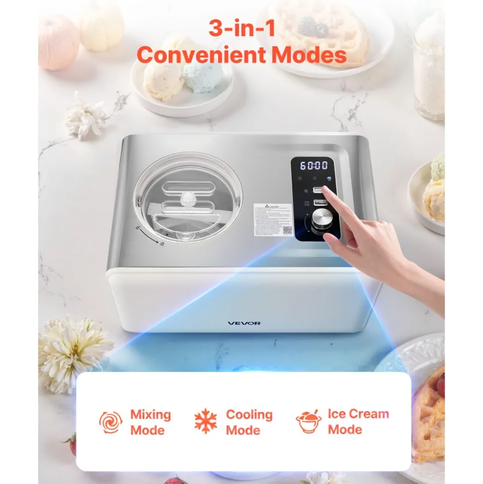 VEVOR Automatic Ice Cream Maker with Built-in Compressor, 2 Quart No Pre-freezing Gelato Maker, Electric Sorbet-Maker, 3 Modes Compressor Ice Cream Machine for Home Kitchen