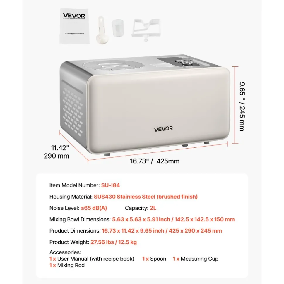 VEVOR Automatic Ice Cream Maker with Built-in Compressor, 2 Quart No Pre-freezing Gelato Maker, Electric Sorbet-Maker, 3 Modes Compressor Ice Cream Machine for Home Kitchen