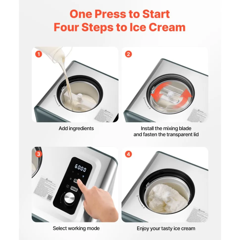 VEVOR Automatic Ice Cream Maker with Built-in Compressor, 1.5 Quart No Pre-freezing Gelato Maker, Electric Sorbet-Maker, 3 Modes Compressor Ice Cream Machine for Home Kitchen