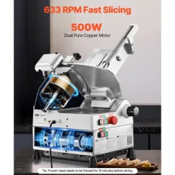VEVOR Automatic Meat Slicer, 500W, Electric Deli Slicer Machine with 10 inch Sharp 75Cr1 Steel Blade, 0-0.67 inch Adjustable Thickness, 633 RPM Fast Slicing, for Frozen Meat, Cheese, and Bread