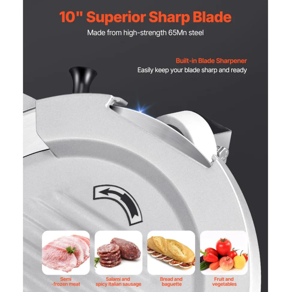 VEVOR Automatic Meat Slicer, 500W, Electric Deli Slicer Machine with 10 inch Sharp 75Cr1 Steel Blade, 0-0.67 inch Adjustable Thickness, 633 RPM Fast Slicing, for Frozen Meat, Cheese, and Bread