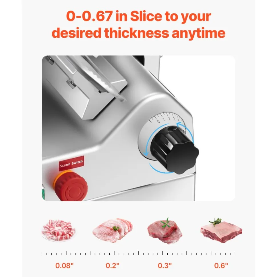 VEVOR Automatic Meat Slicer, 500W, Electric Deli Slicer Machine with 10 inch Sharp 75Cr1 Steel Blade, 0-0.67 inch Adjustable Thickness, 633 RPM Fast Slicing, for Frozen Meat, Cheese, and Bread