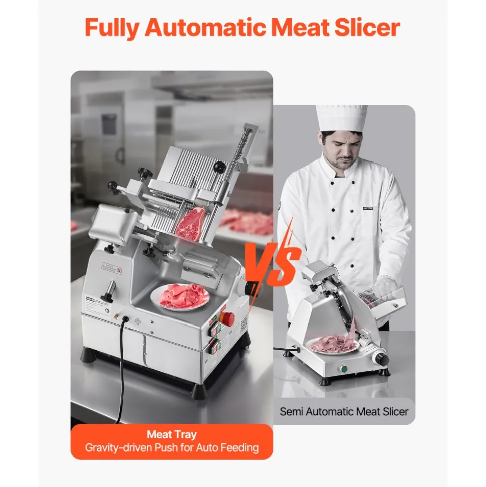VEVOR Automatic Meat Slicer, 500W, Electric Deli Slicer Machine with 10 inch Sharp 75Cr1 Steel Blade, 0-0.67 inch Adjustable Thickness, 633 RPM Fast Slicing, for Frozen Meat, Cheese, and Bread
