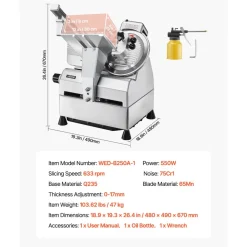 VEVOR Automatic Meat Slicer, 500W, Electric Deli Slicer Machine with 10 inch Sharp 75Cr1 Steel Blade, 0-0.67 inch Adjustable Thickness, 633 RPM Fast Slicing, for Frozen Meat, Cheese, and Bread