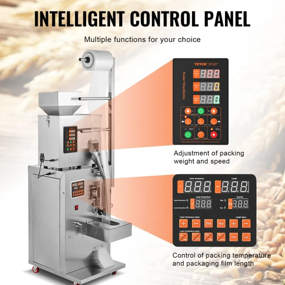 VEVOR Automatic Particle Packaging Machine, 0.002-0.22lbs/1-100g, Multi-Function Pouch Powder Sachet Weighting Filling Packing Machine, Powder Filler Machine for Tea Seeds Grains Flour Beans Glitter