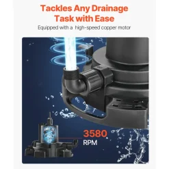 VEVOR Automatic Pool Cover Pump, 1/2 HP 1600 GPH, 120V Submersible Swimming Pool Cover Pump with 25 ft Power Cord, 25 ft Max Head Lift, Water Removal and Transfer Pump, for Pool Draining Hot Tubs