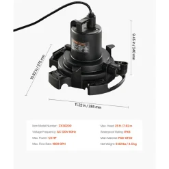 VEVOR Automatic Pool Cover Pump, 1/2 HP 1600 GPH, 120V Submersible Swimming Pool Cover Pump with 25 ft Power Cord, 25 ft Max Head Lift, Water Removal and Transfer Pump, for Pool Draining Hot Tubs