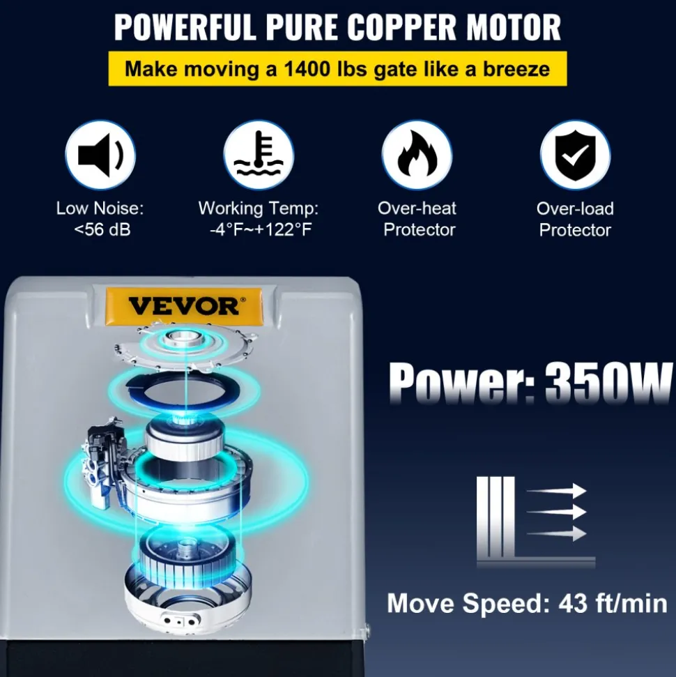VEVOR Automatic Sliding Gate Opener 1400LBS with 2 Remote Controls, Gate Operator Hardware Kit for Security, Move Speed 43ft Per Min, Electric Rolling Driveway Slide Gate Motor