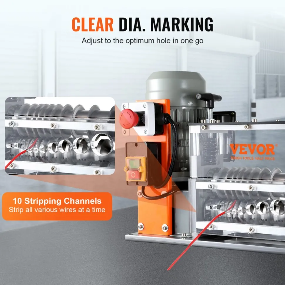 VEVOR Automatic Wire Stripping Machine, 0.06''-1.57'' Electric Motorized Cable Stripper, 750 W, 98 ft/min Wire Peeler with Visible Stripping Depth Reference, 10 Channels for Scrap Copper Recycling