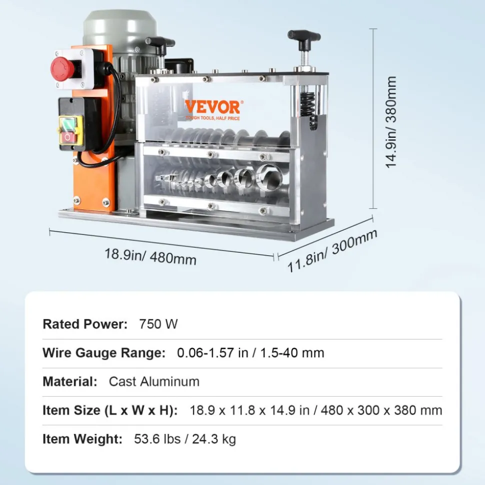 VEVOR Automatic Wire Stripping Machine, 0.06''-1.57'' Electric Motorized Cable Stripper, 750 W, 98 ft/min Wire Peeler with Visible Stripping Depth Reference, 10 Channels for Scrap Copper Recycling