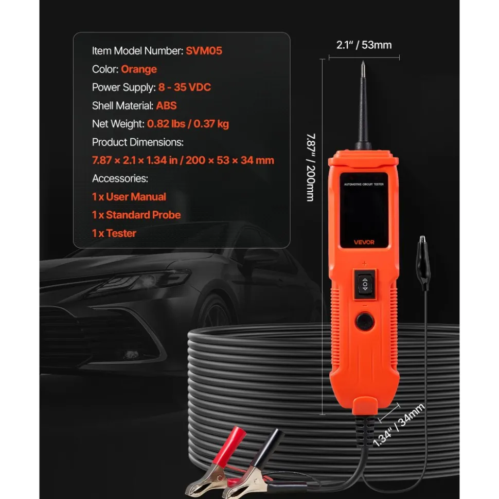 VEVOR Automotive Circuit Tester, 8 - 35 DCV Power Circuit Probe Tester with TFT Color Display and Lighting, Automotive Power Tester Probe with 13 ft / 4 m Cable, ABS Shell Electrical Detector Finder