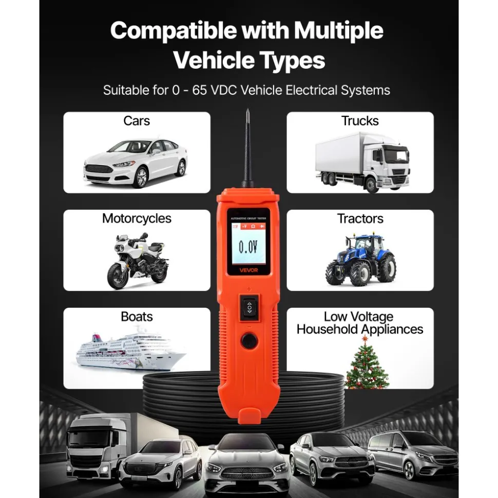 VEVOR Automotive Circuit Tester, 8 - 35 DCV Power Circuit Probe Tester with TFT Color Display and Lighting, Automotive Power Tester Probe with 13 ft / 4 m Cable, ABS Shell Electrical Detector Finder