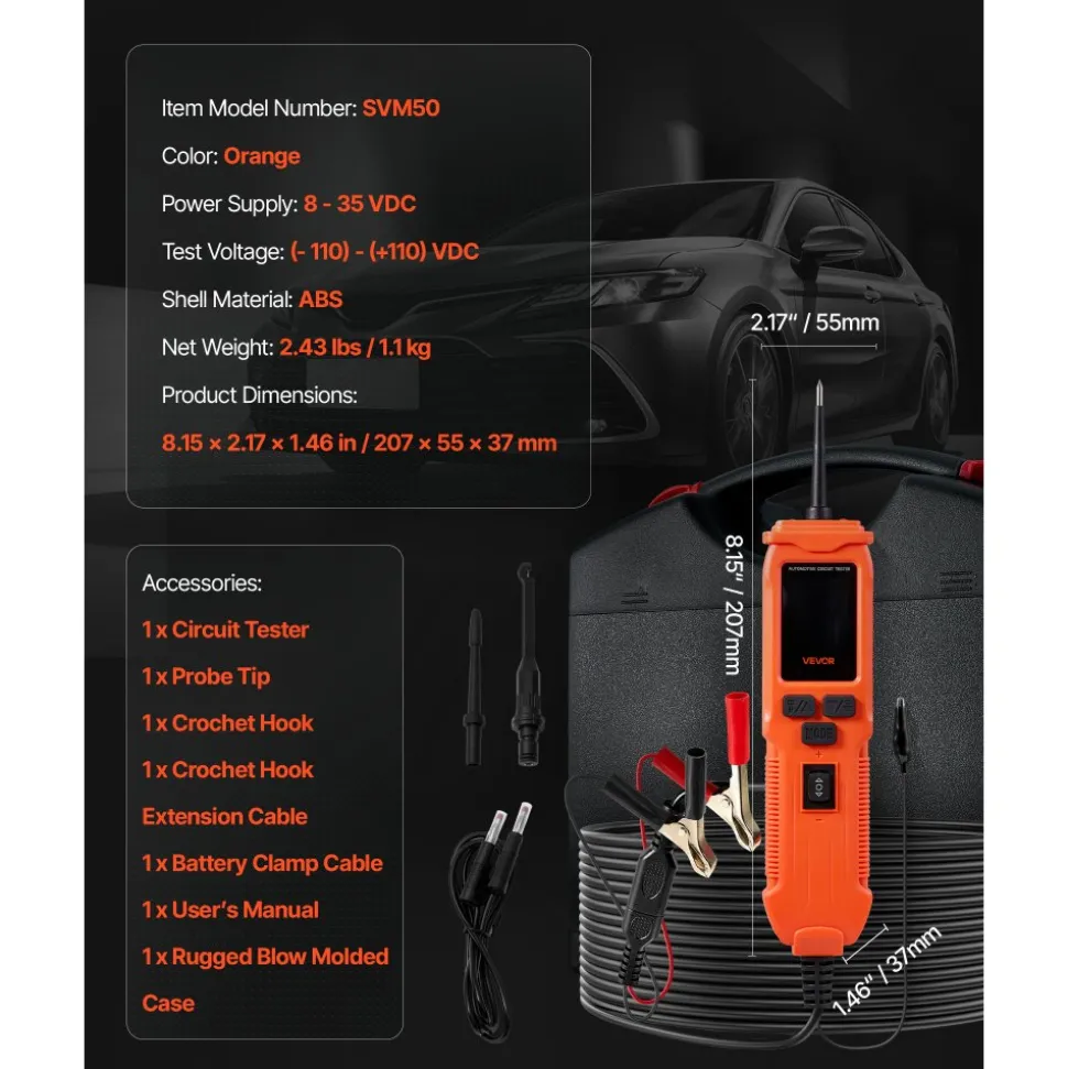 VEVOR Automotive Circuit Tester, 8 - 35 DCV Power Circuit Probe Tester with TFT Color Display and Lighting, Automotive Power Tester Probe with 19.7 ft / 6 m Cable, 2-in-1 Electrical Detector Finder