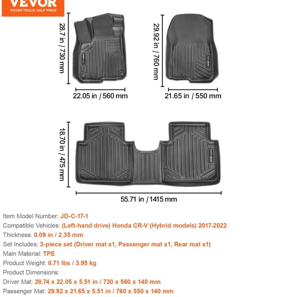 VEVOR Automotive Floor Mats, Fits for Honda CR-V (Hybrid Models) 2017-2022, 3 pcs Front and 2nd Row Liners, All Weather Custom Fit TPE Vehicle Floor Mats, Easy to Clean Floor Liners for SUV, Black