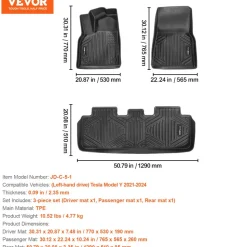 VEVOR Automotive Floor Mats, Fits for Tesla Model Y 2021-2024, 3 pcs Front and 2nd Row Liners, All Weather Custom Fit TPE Vehicle Floor Mats, Easy to Clean and Secure Floor Liners for SUV, Black