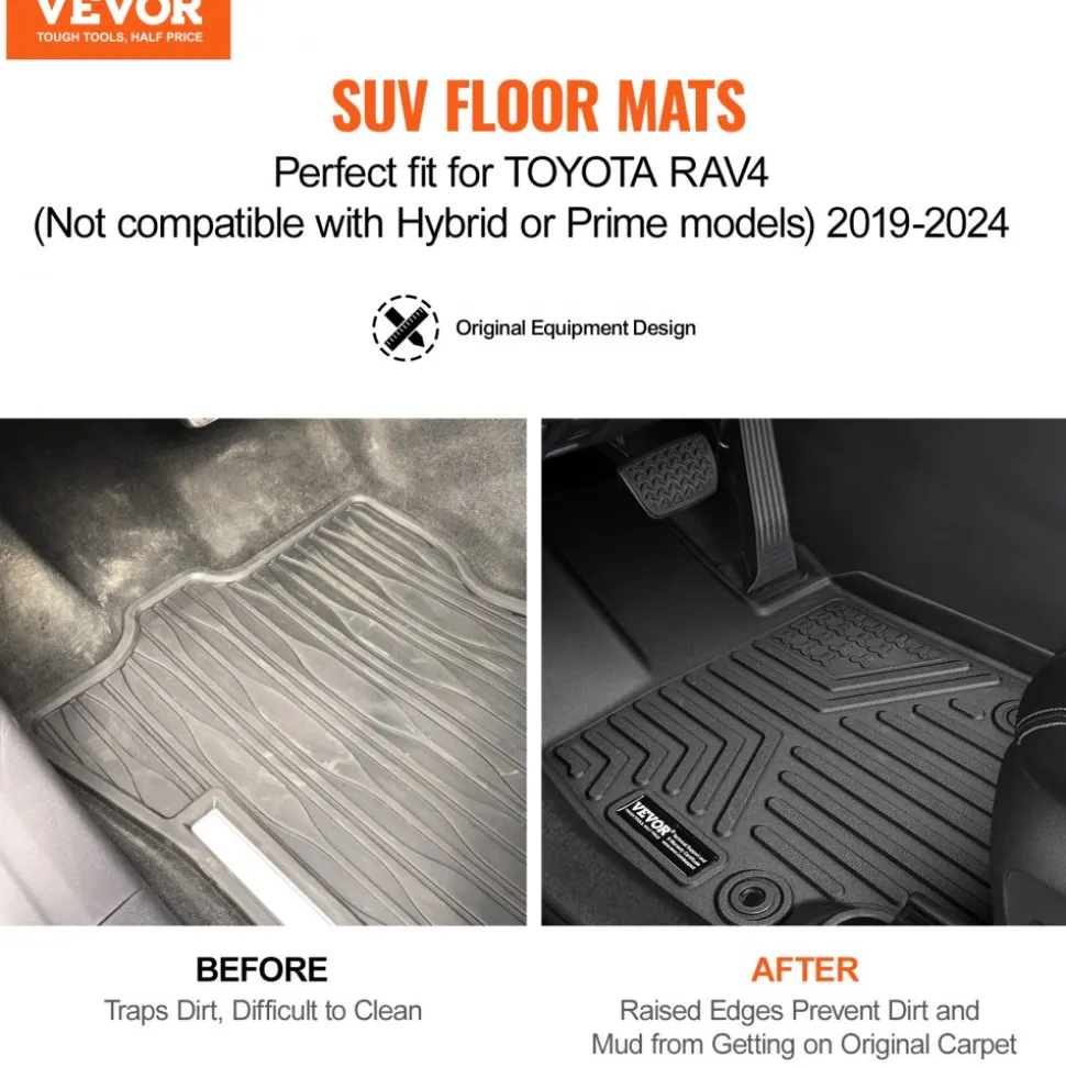 VEVOR Automotive Floor Mats, Fits for Toyota RAV4 (Not for Hybrid or Prime) 2019-2024, 3 pcs Front and 2nd Row Liners, All Weather Custom Fit TPE Vehicle Floor Mats, Easy to Clean for SUV, Black