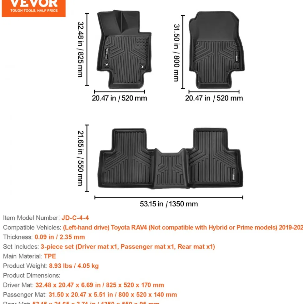 VEVOR Automotive Floor Mats, Fits for Toyota RAV4 (Not for Hybrid or Prime) 2019-2024, 3 pcs Front and 2nd Row Liners, All Weather Custom Fit TPE Vehicle Floor Mats, Easy to Clean for SUV, Black