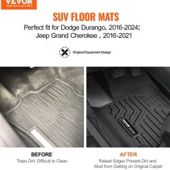 VEVOR Automotive Floor Mats, Fits for Dodge Durango / Jeep Grand Cherokee 2016-2024 / 2016-2021, 3 pcs Front and 2nd Row Liners, All Weather Custom Fit TPE Vehicle Floor Mats, Easy to Clean, Black