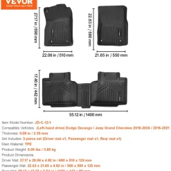 VEVOR Automotive Floor Mats, Fits for Dodge Durango / Jeep Grand Cherokee 2016-2024 / 2016-2021, 3 pcs Front and 2nd Row Liners, All Weather Custom Fit TPE Vehicle Floor Mats, Easy to Clean, Black