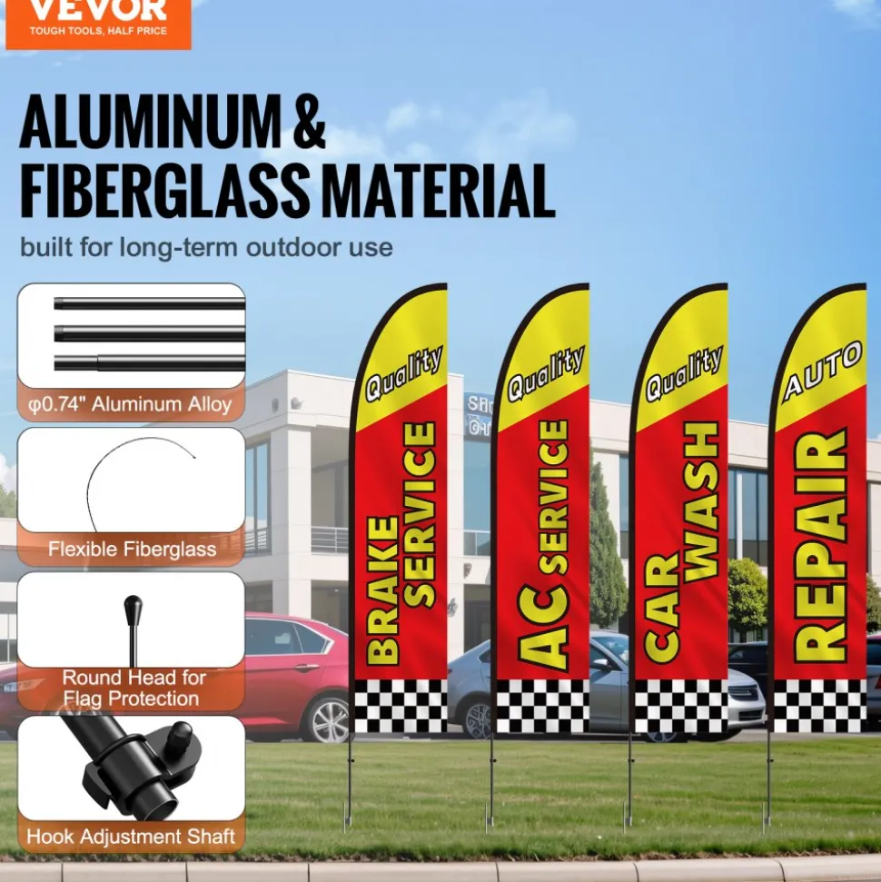 VEVOR Auto Repair Advertising Feather Flag with Pole Kit, Advertising Flags for Business Outside, Includes 4 Banner Flags, 4 Poles, 4 Ground Stakes, Swooper Flags for Businesses 16.3 FT