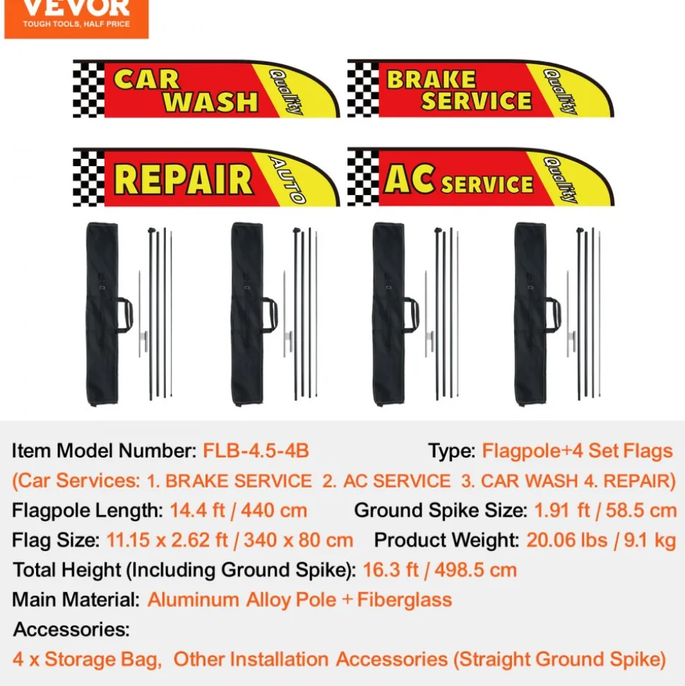 VEVOR Auto Repair Advertising Feather Flag with Pole Kit, Advertising Flags for Business Outside, Includes 4 Banner Flags, 4 Poles, 4 Ground Stakes, Swooper Flags for Businesses 16.3 FT