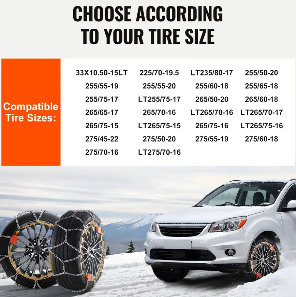 VEVOR Auto Tightening Snow Chains, Diamond Mesh Traction Wheel Chains for Anti-slip, Alloy Steel Tire Chains for Tires 265/75-15, 265/75-16, LT265/75-16, 255/75-17, LT255/75-17, 275/45-22, 265/70-16