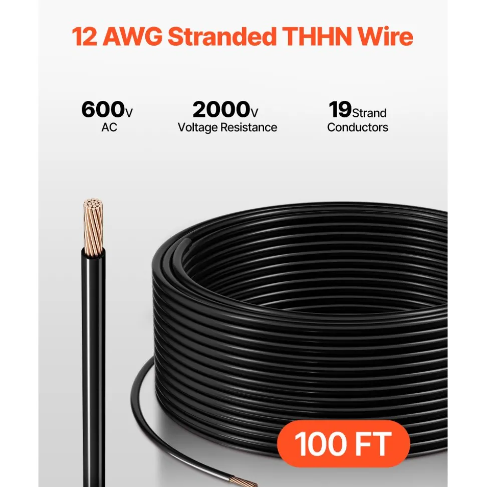 VEVOR 12 AWG THHN Wire, 19-Stranded, 100% OFC Copper Electrical Building Wire with Nylon Jacket, Rated for Up to 600 Volts, for Indoor Outdoor Use, Commercial, Industrial, Residential, Black (100 ft)