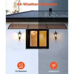 VEVOR Awnings for Door Entrance, 38 x 117 in, Exterior Front Door Window Awnings with Drainage & ABS Bracket, Rain Snow Sun Protection, Overhang Polycarbonate Door Canopy for Porch Patio, Brown