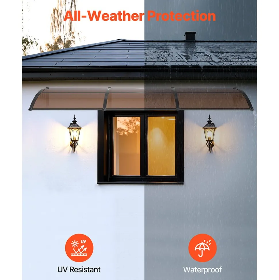 VEVOR Awnings for Door Entrance, 38 x 117 in, Exterior Front Door Window Awnings with Drainage & ABS Bracket, Rain Snow Sun Protection, Overhang Polycarbonate Door Canopy for Porch Patio, Brown