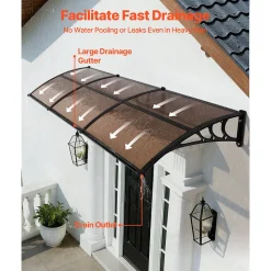 VEVOR Awnings for Door Entrance, 38 x 117 in, Exterior Front Door Window Awnings with Drainage & ABS Bracket, Rain Snow Sun Protection, Overhang Polycarbonate Door Canopy for Porch Patio, Brown