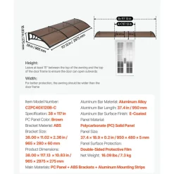 VEVOR Awnings for Door Entrance, 38 x 117 in, Exterior Front Door Window Awnings with Drainage & ABS Bracket, Rain Snow Sun Protection, Overhang Polycarbonate Door Canopy for Porch Patio, Brown