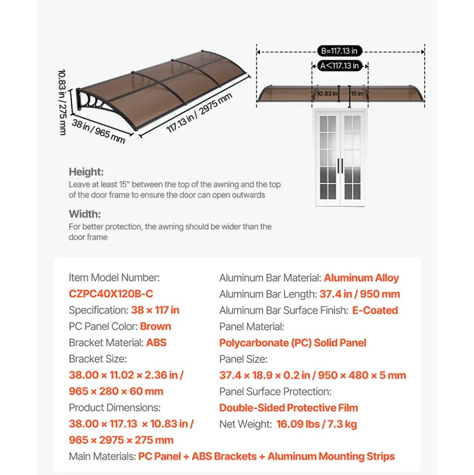VEVOR Awnings for Door Entrance, 38 x 117 in, Exterior Front Door Window Awnings with Drainage & ABS Bracket, Rain Snow Sun Protection, Overhang Polycarbonate Door Canopy for Porch Patio, Brown