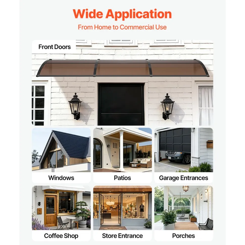 VEVOR Awnings for Door Entrance, 38 x 117 in, Exterior Front Door Window Awnings with Drainage & ABS Bracket, Rain Snow Sun Protection, Overhang Polycarbonate Door Canopy for Porch Patio, Brown