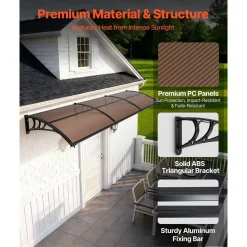 VEVOR Awnings for Door Entrance, 38 x 117 in, Exterior Front Door Window Awnings with Drainage & ABS Bracket, Rain Snow Sun Protection, Overhang Polycarbonate Door Canopy for Porch Patio, Brown