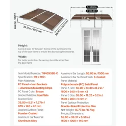 VEVOR Awnings for Door Entrance, 37 x 47 in, Exterior Front Door Window Awnings with Drainage & ABS Bracket, Rain Snow Sun Protection, Overhang Polycarbonate Door Canopy for Porch Patio, Brown