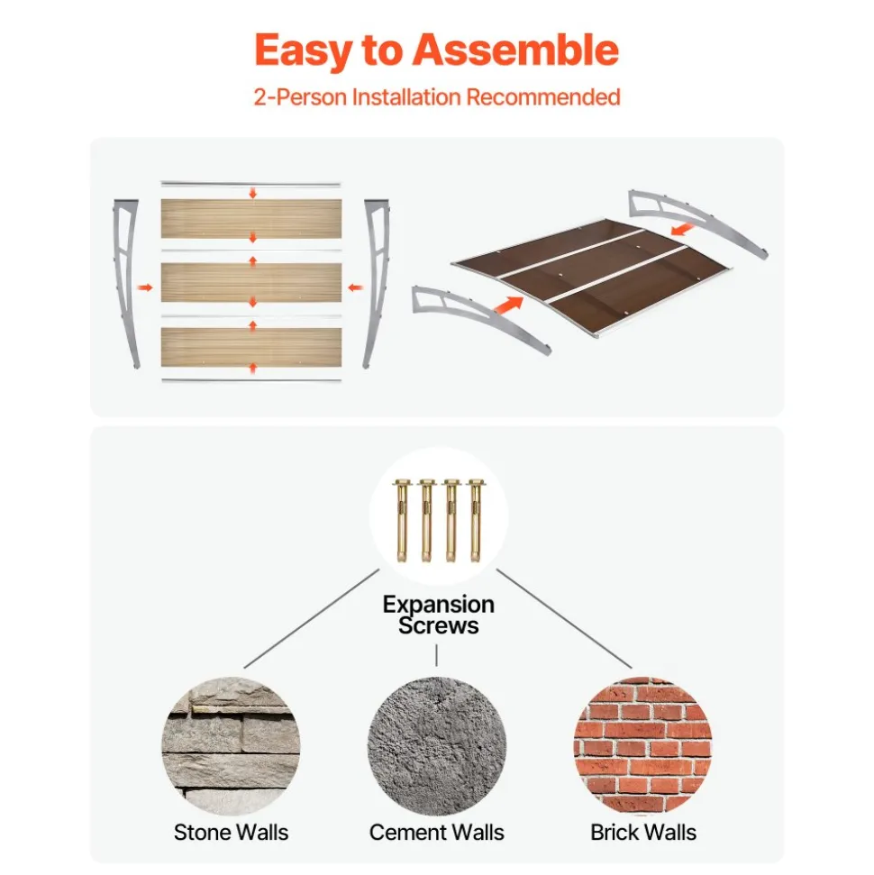 VEVOR Awnings for Door Entrance, 37 x 47 in, Exterior Front Door Window Awnings with Drainage & ABS Bracket, Rain Snow Sun Protection, Overhang Polycarbonate Door Canopy for Porch Patio, Brown