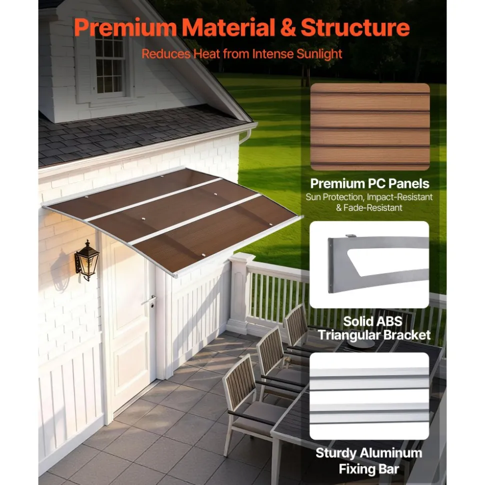 VEVOR Awnings for Door Entrance, 37 x 47 in, Exterior Front Door Window Awnings with Drainage & ABS Bracket, Rain Snow Sun Protection, Overhang Polycarbonate Door Canopy for Porch Patio, Brown
