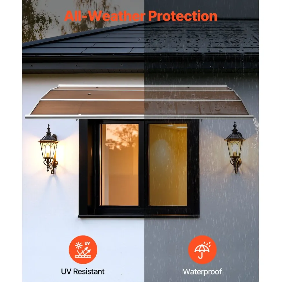 VEVOR Awnings for Door Entrance, 37 x 47 in, Exterior Front Door Window Awnings with Drainage & ABS Bracket, Rain Snow Sun Protection, Overhang Polycarbonate Door Canopy for Porch Patio, Brown