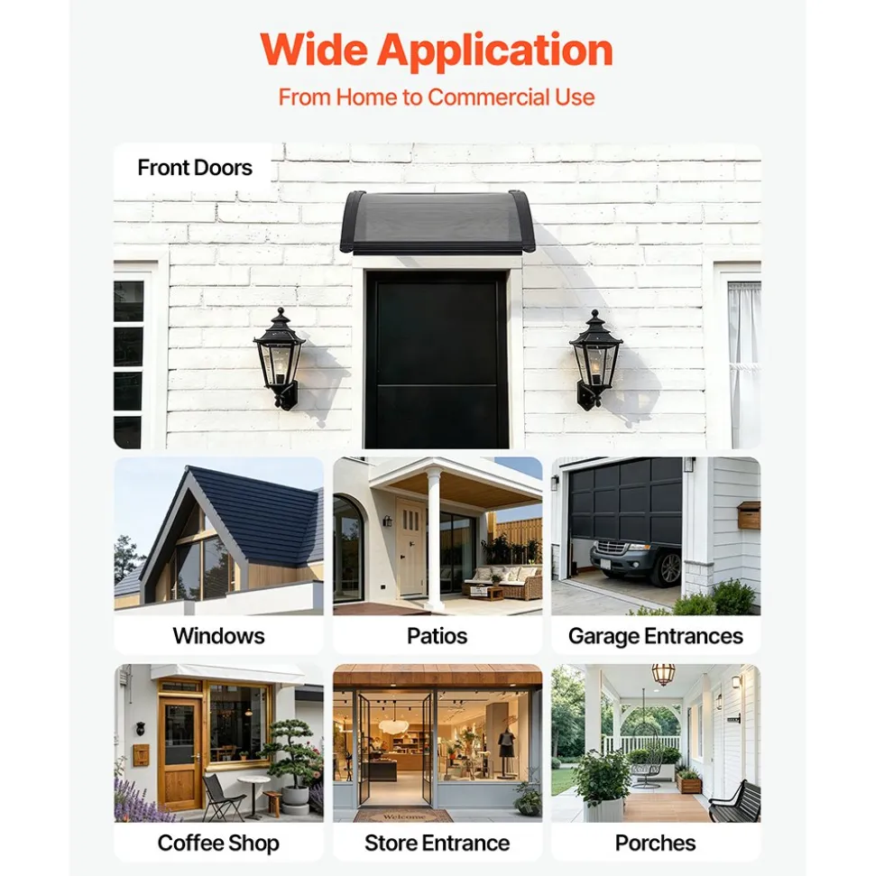 VEVOR Awnings for Door Entrance, 24 x 24 in, Exterior Front Door Window Awnings with Drainage & ABS Bracket, Rain Snow Sun Protection, Overhang Polycarbonate Door Canopy for Porch Patio, Smoky Gray